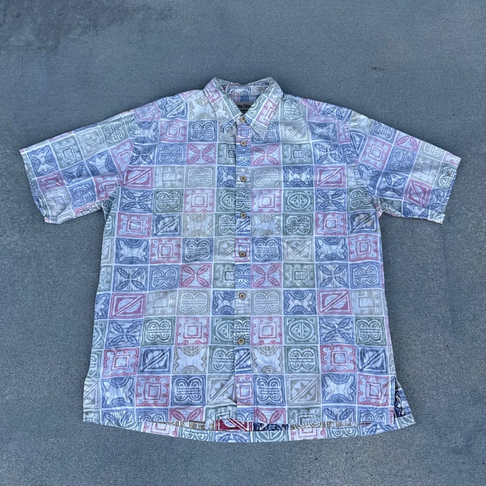 Cooke Street Honolulu Mens Large Cotton Geometric Tribal Aloha Shirt 0510 Blue